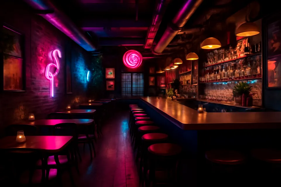 Flux Kitchen urban neon dining room